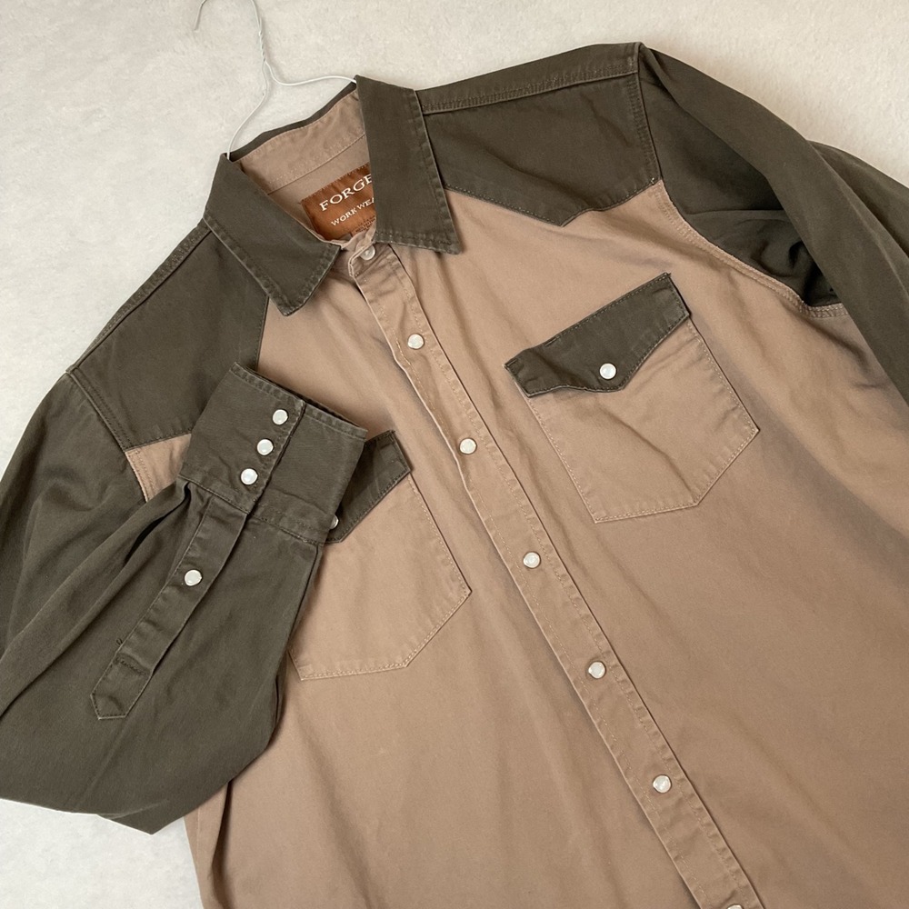 Forge Work Wear Mens Western Snap Front‎ Shirt XLT Tan Olive Green Cotton Cowboy